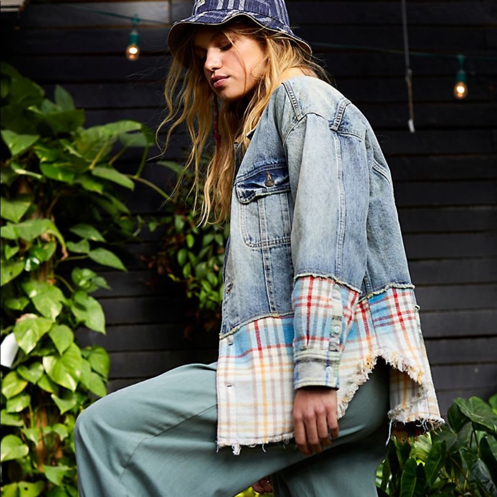 free people denim flannel patch jacket